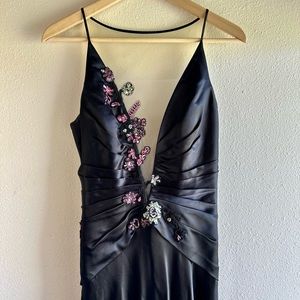 Alberto Makali One of a Kind Deep-V Dark Blue Evening Gown